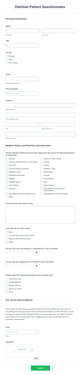Dietitian Patient Questionnaire Form Template
