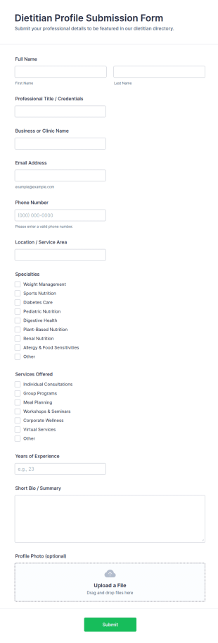 Dietitian Profile Submission Form Template