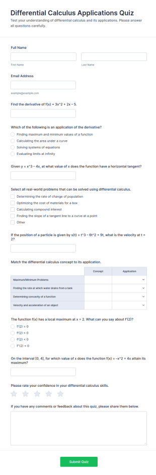 Differential Calculus Applications Quiz Form Template