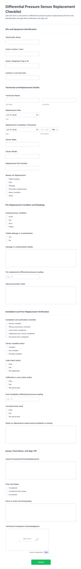Differential Pressure Sensor Replacement Checklist Form Template