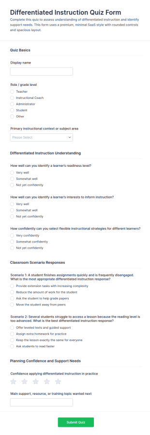 Differentiated Instruction Quiz Form Template