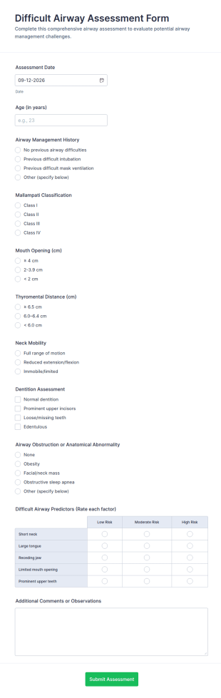 Difficult Airway Assessment Form Template