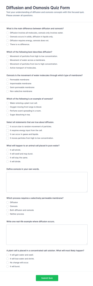 Diffusion And Osmosis Quiz Form Template