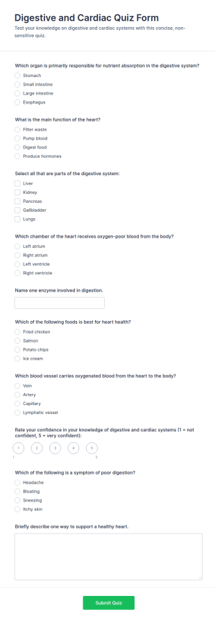 Digestive And Cardiac Quiz Form Template