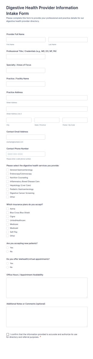 Digestive Health Provider Information Intake Form Template