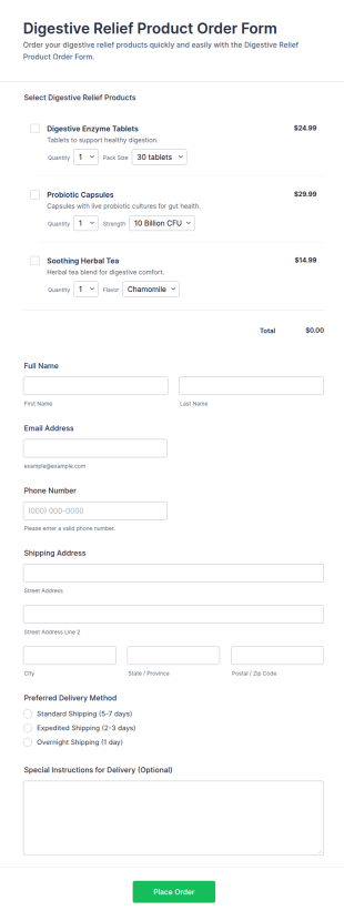 Digestive Relief Product Order Form Template