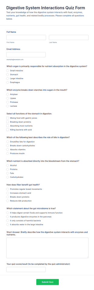 Digestive System Interactions Quiz Form Template