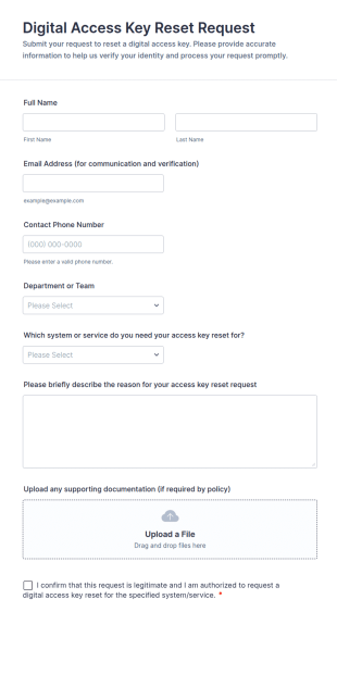 Digital Access Key Reset Request Form Template