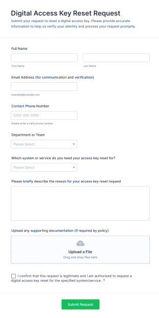 Digital Access Key Reset Request Form Template