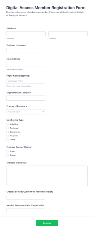 Digital Access Member Registration Form Template
