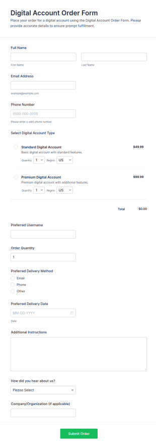 Digital Account Order Form Template