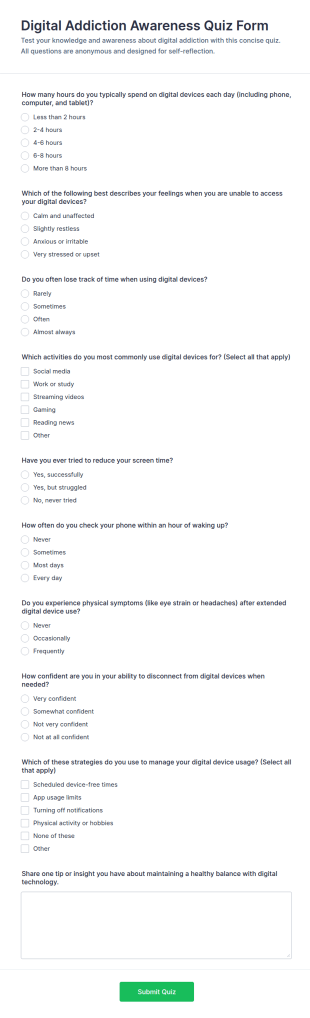 Digital Addiction Awareness Quiz Form Template