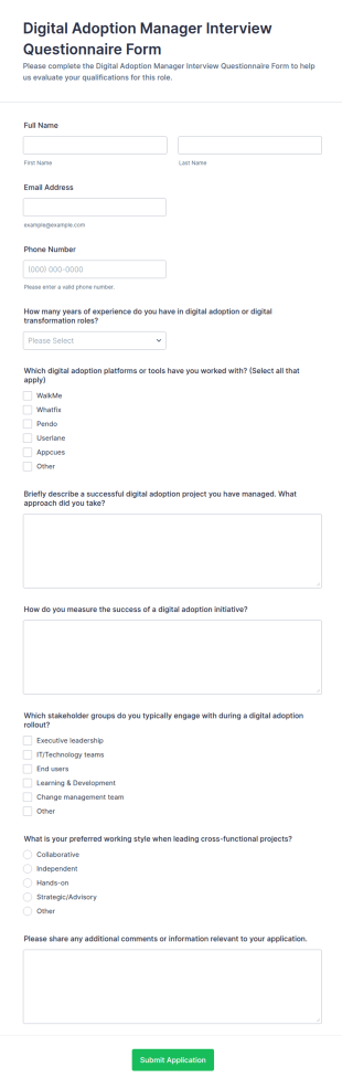 Digital Adoption Manager Interview Questionnaire Form Template