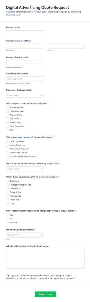 Digital Advertising Quote Request Form Template
