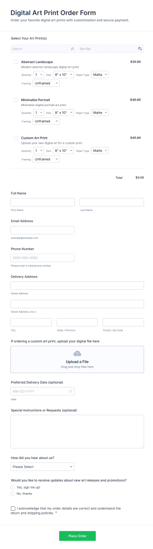 Digital Art Print Order Form Template