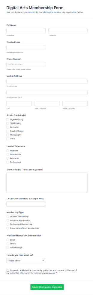 Digital Arts Membership Form Template