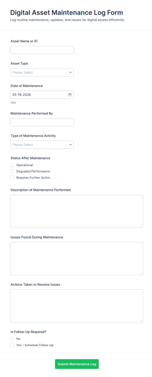 Digital Asset Maintenance Log Form Template