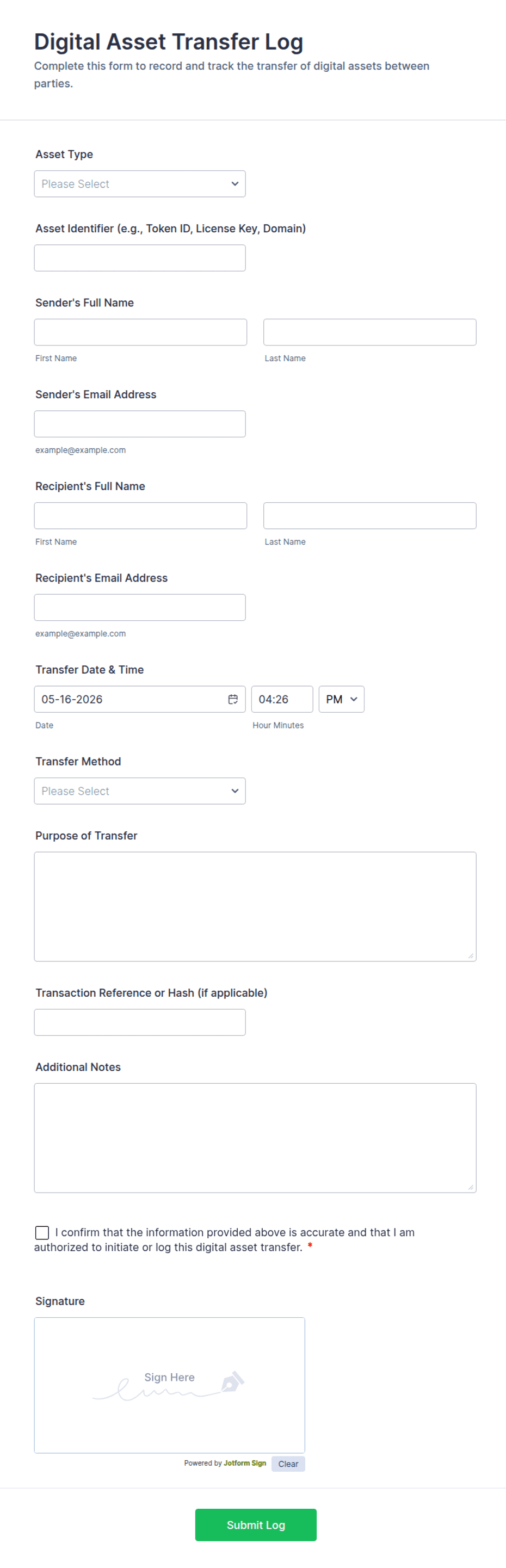 Digital Asset Transfer Log Form Template | Jotform