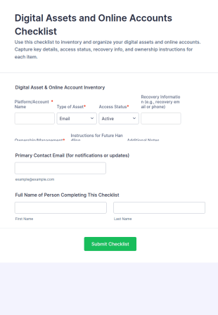 Digital Assets And Online Accounts Checklist Form Template