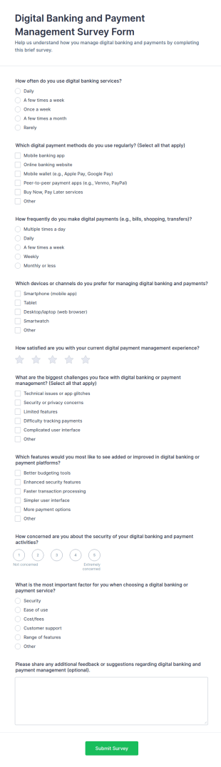 Digital Banking And Payment Management Survey Form Template