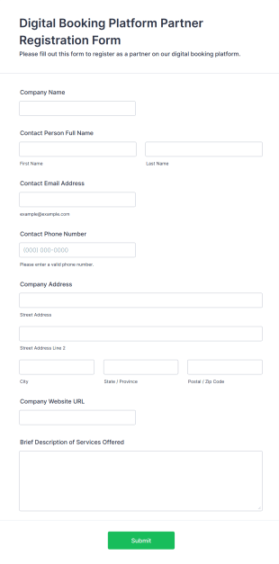 Digital Booking Platform Partner Registration Form Form Template