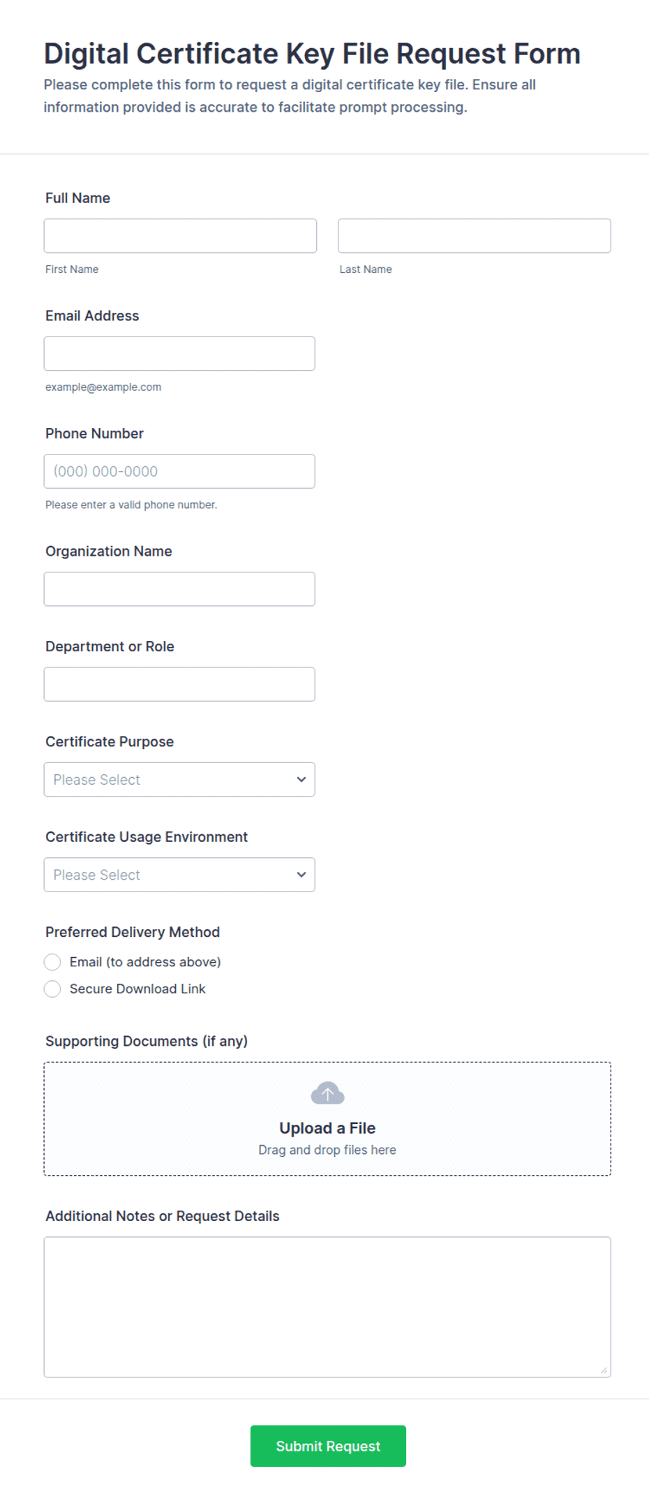Digital Certificate Key File Request Form Template | Jotform