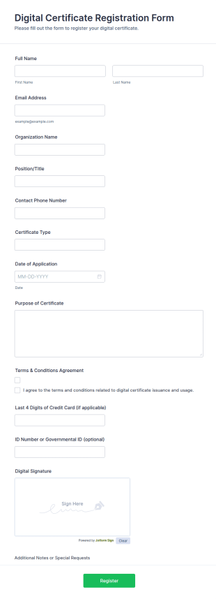 Digital Certificate Registration Form Template