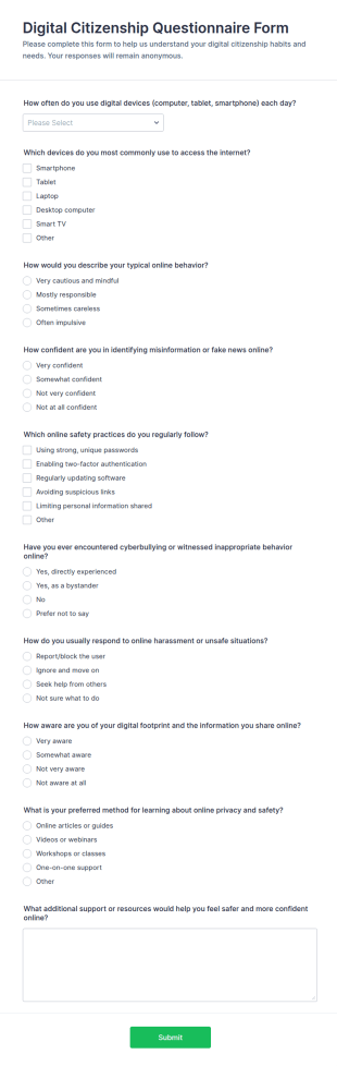 Digital Citizenship Questionnaire Form Template