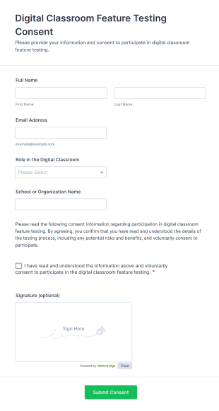 Digital Classroom Feature Testing Consent Form Template