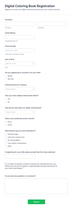 Digital Coloring Book Registration Form Template