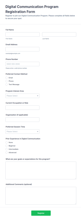 Digital Communication Program Registration Form Template