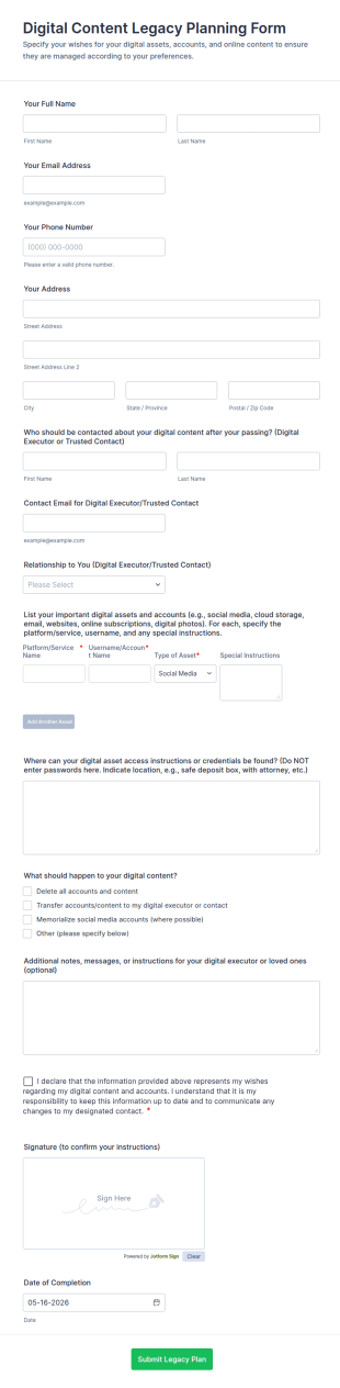 Digital Content Legacy Planning Form Template