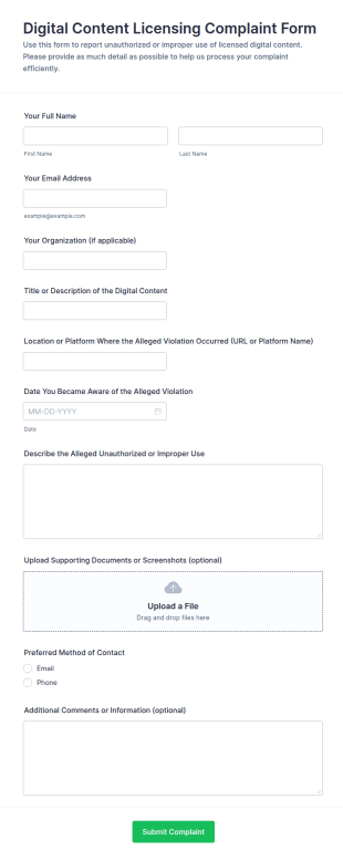 Digital Content Licensing Complaint Form Template