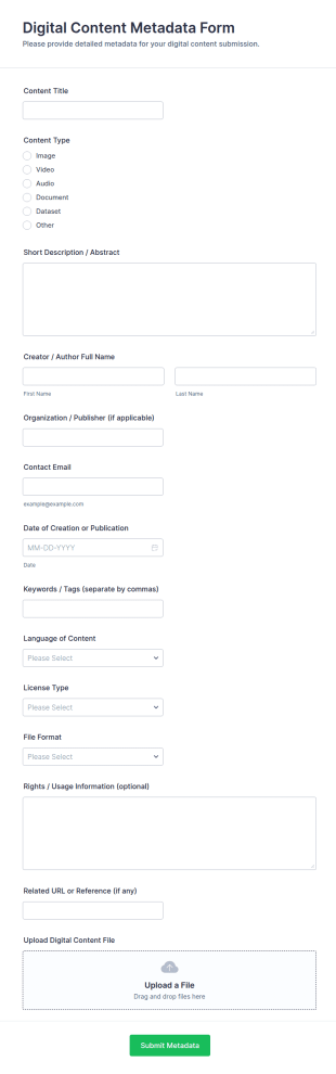 Digital Content Metadata Form Template