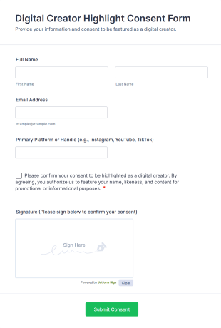 Digital Creator Highlight Consent Form Template