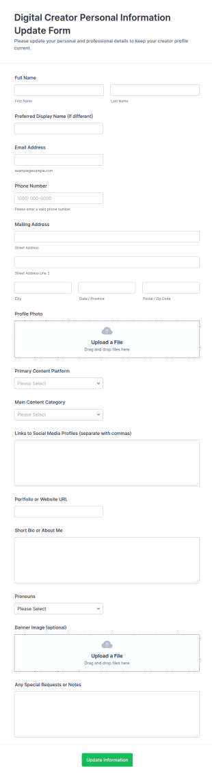 Digital Creator Personal Information Update Form Template