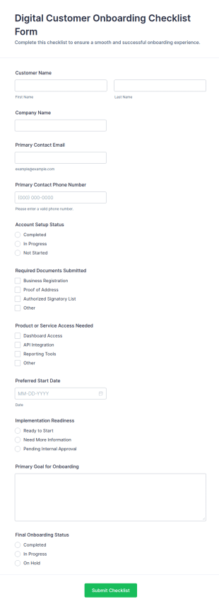 Digital Customer Onboarding Checklist Form Template