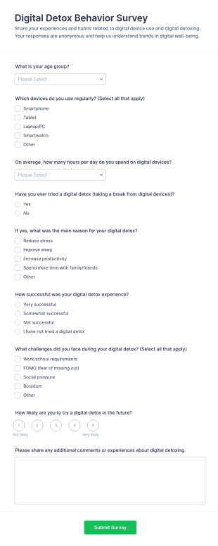 Digital Detox Behavior Survey Form Template