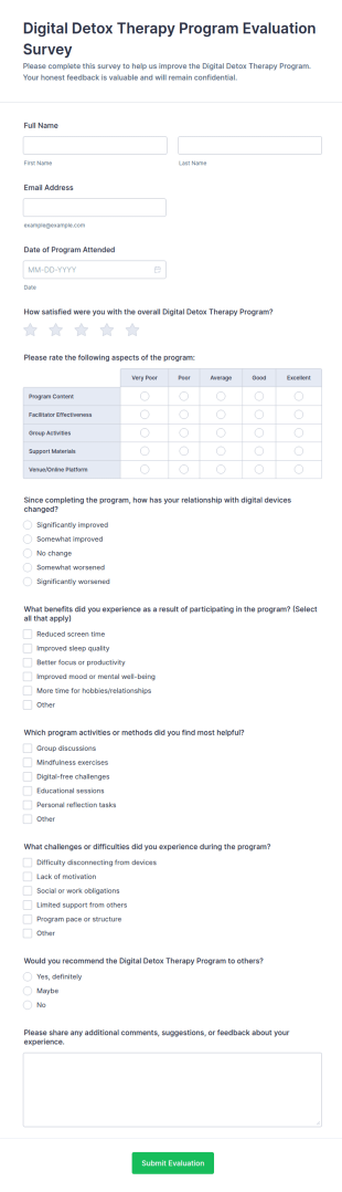 Digital Detox Therapy Program Evaluation Survey Form Template