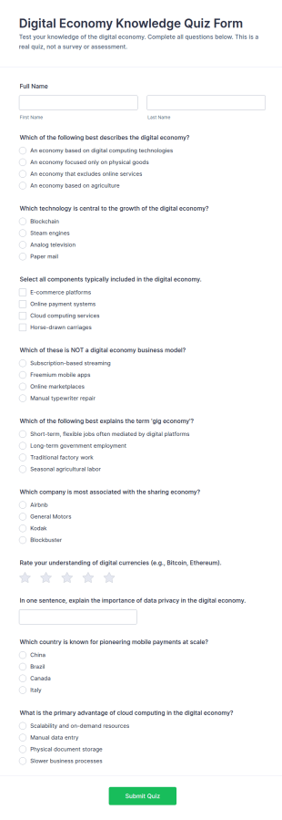 Digital Economy Knowledge Quiz Form Template