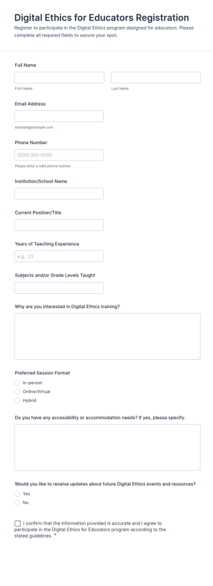 Digital Ethics For Educators Registration Form Template