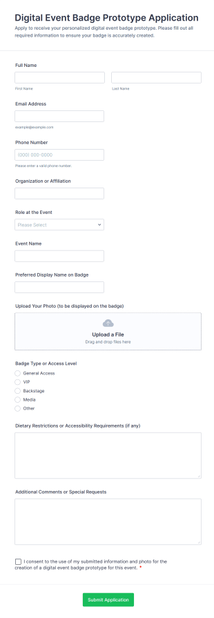 Digital Event Badge Prototype Application Form Template