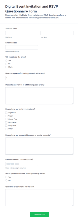 Digital Event Invitation And RSVP Questionnaire Form Template