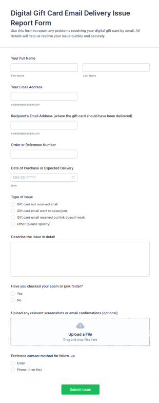 Digital Gift Card Email Delivery Issue Report Form Template
