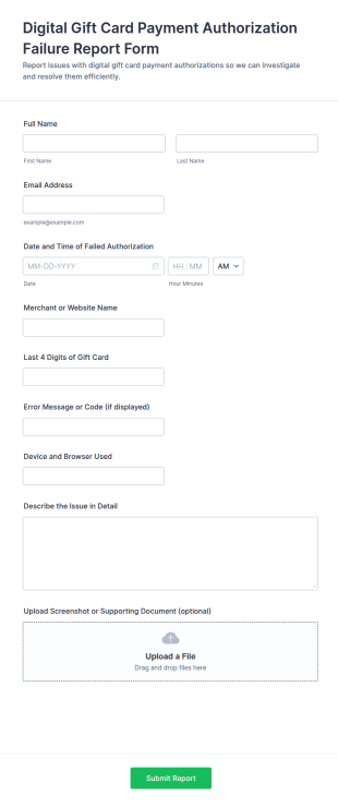 Digital Gift Card Payment Failure Report Form Template