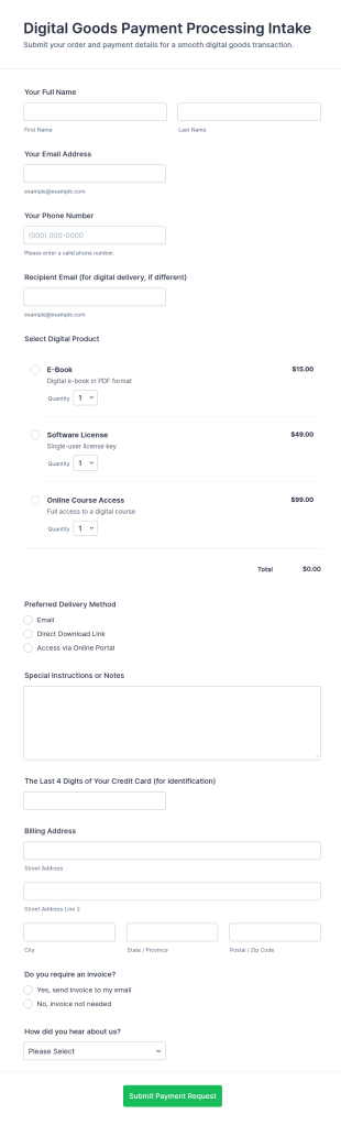 Digital Goods Payment Processing Intake Form Template