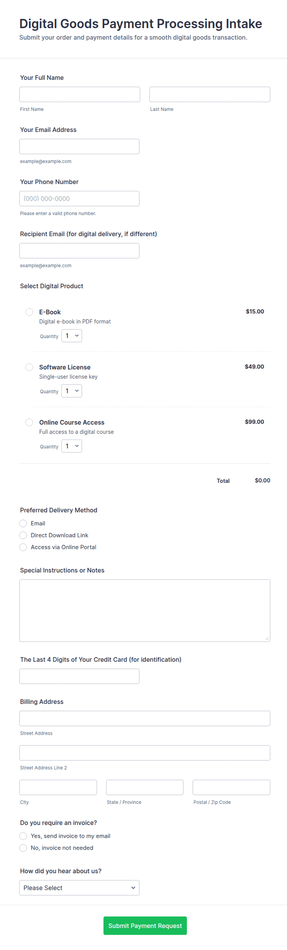 Inprocessing Form Designs Digital Goods Payment Processing Intake Form Template | Jotform