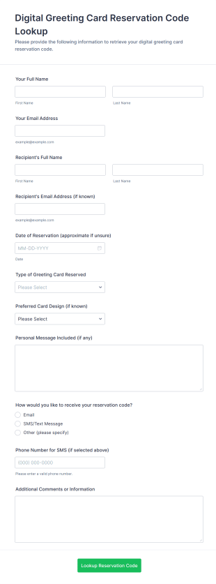 Digital Greeting Card Reservation Code Lookup Form Template