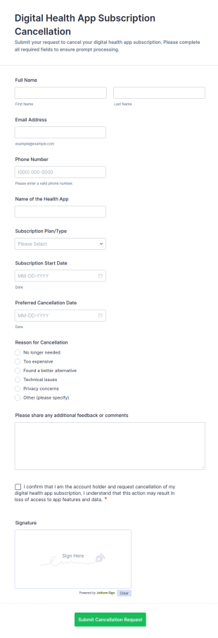 Digital Health App Subscription Cancellation Form Template