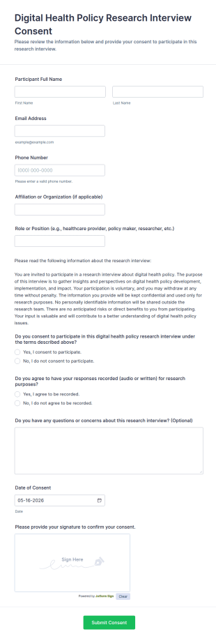Digital Health Policy Research Interview Consent Form Template